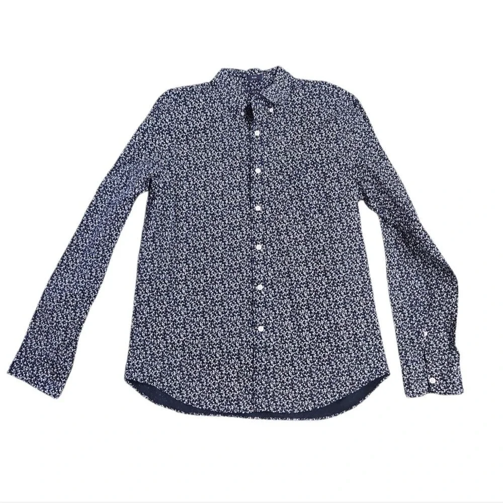 J. Crew Navy Blue Floral Slim Button Up Top Size L Flex Washed Preppy Cotton